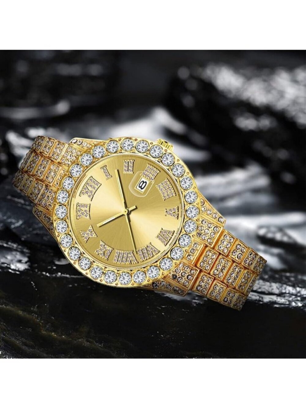 Men's All Gold Analog Crystal Rhinestone Diamond Iced-Out Bracelet Wrist Watch - Picture 4 of 6